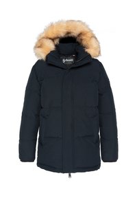 Chaqueta acolchada azul marino con capucha de piel sintética marrón desmontable, cierre de cremallera en la parte delantera y dos bolsillos laterales. Presenta un relleno acolchado para mayor aislamiento.
