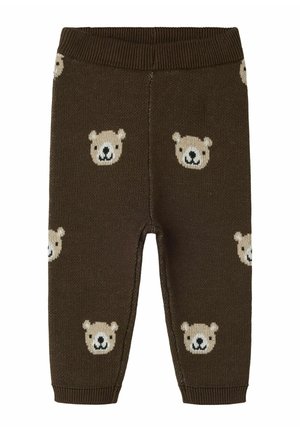 Pantalon en tricot marron pour bébé avec motif de visages d’ours beige et taille élastique avec poignets.