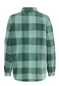 Groen flanellen shirt met een geruit patroon van donkere en lichte groene vierkantjes, lange mouwen en een knoopmanchet.
