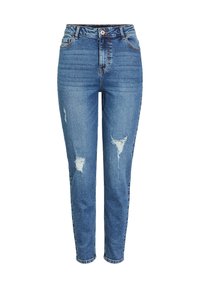 Jeans blu a vita alta realizzati in denim, con una vestibilità slim, dettagli strappati sulle cosce e un classico design a cinque tasche.