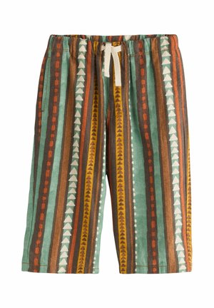 Kinderbroekje met elastische taille en verticale strepen in groen, bruin, oranje en geel, met geometrische patronen en een witte trekkoord.