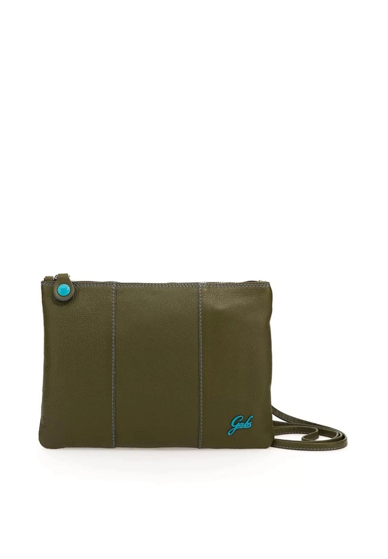 Borsa a tracolla in pelle verde oliva con accentuazione turchese, caratterizzata da una chiusura con zip, superficie testurizzata e linee cucite sul davanti.