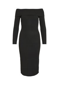 Schwarzes, schulterfreies, geripptes Kleid mit langen Ärmeln, taillierter Silhouette und knielangem Design. Glatte Textur ohne sichtbare Muster.