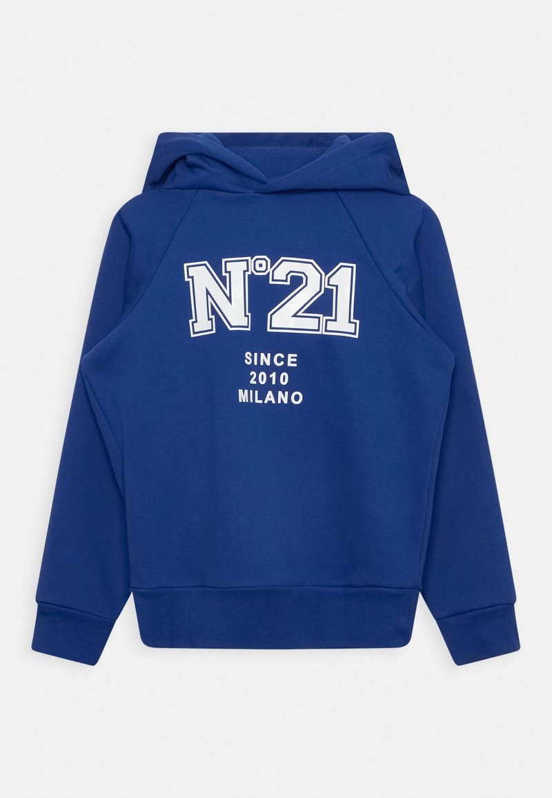 Sweat à capuche bleu avec une capuche spacieuse, affichant "N°21" en texte blanc et "SINCE 2010 MILANO" en dessous. Tissu doux, poignets et ourlet côtelés.