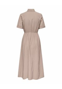 Robe midi beige à manches courtes avec col, taille élastique et jupe légèrement évasée, vue de dos sur fond blanc.