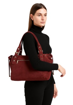 Burgunderfarbene Wildleder-Handtasche mit goldenen Beschlägen, Kordelzugverschluss und einer externen Reißverschlusstasche; weiche Textur, geräumiges Design, vielseitige Form.