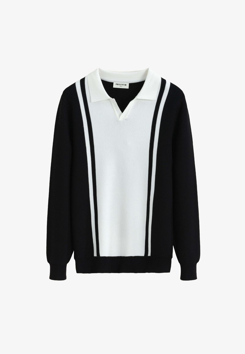 Pull en maille à manches longues noir et blanc avec un col blanc, un panneau vertical blanc et des rayures noires sur le devant et les manches.