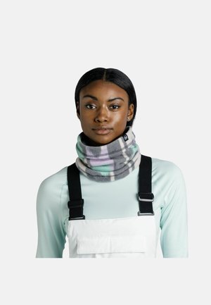 Cuello tubular de forro polar multicolor con patrón de cuadros en gris, menta y púrpura. Textura suave, diseño enrollado, y etiqueta de marca visible.