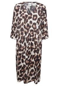 Robe imprimée léopard à col en V avec des manches courtes retroussées ; fabriquée en tissu léger ; présente des taches brunes et noires sur un fond crème.