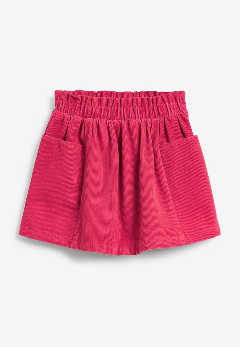 Jupe en velours côtelé rose avec taille élastiquée froncée et poches plaquées à l'avant, présentée sur un fond blanc.