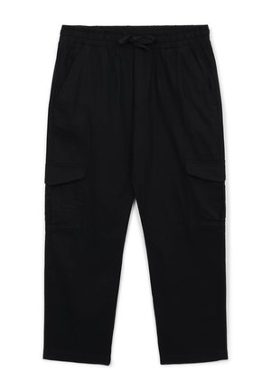 Black cargo pants with an elastic waistband, adjustable drawstring, side pockets, and flap pockets on the thighs; smooth fabric texture.