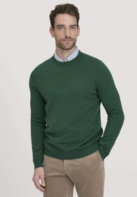 Grüner gestrickter Rundhalsausschnitt-Pullover aus weichem Stoff, kombiniert mit einem hellblauen Hemd mit Kragen. Auffällige gerippte Bündchen und Saum.