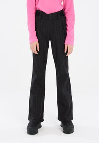 Pantalons noirs à motif pied-de-poule, avec taille haute, deux boutons de fermeture et poches zippées discrètes. Tissu durable.