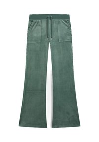 Grüne Samt-weit ausgestellte Hosen mit einem breiten elastischen Bund, einer Kordelverschluss und zwei Fronttaschen; weiche Textur und glatte Oberfläche.