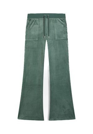 Groene velours flared broek met een brede elastische tailleband, drawstring sluiting en twee voorke pockets; zachte textuur en gladde afwerking.