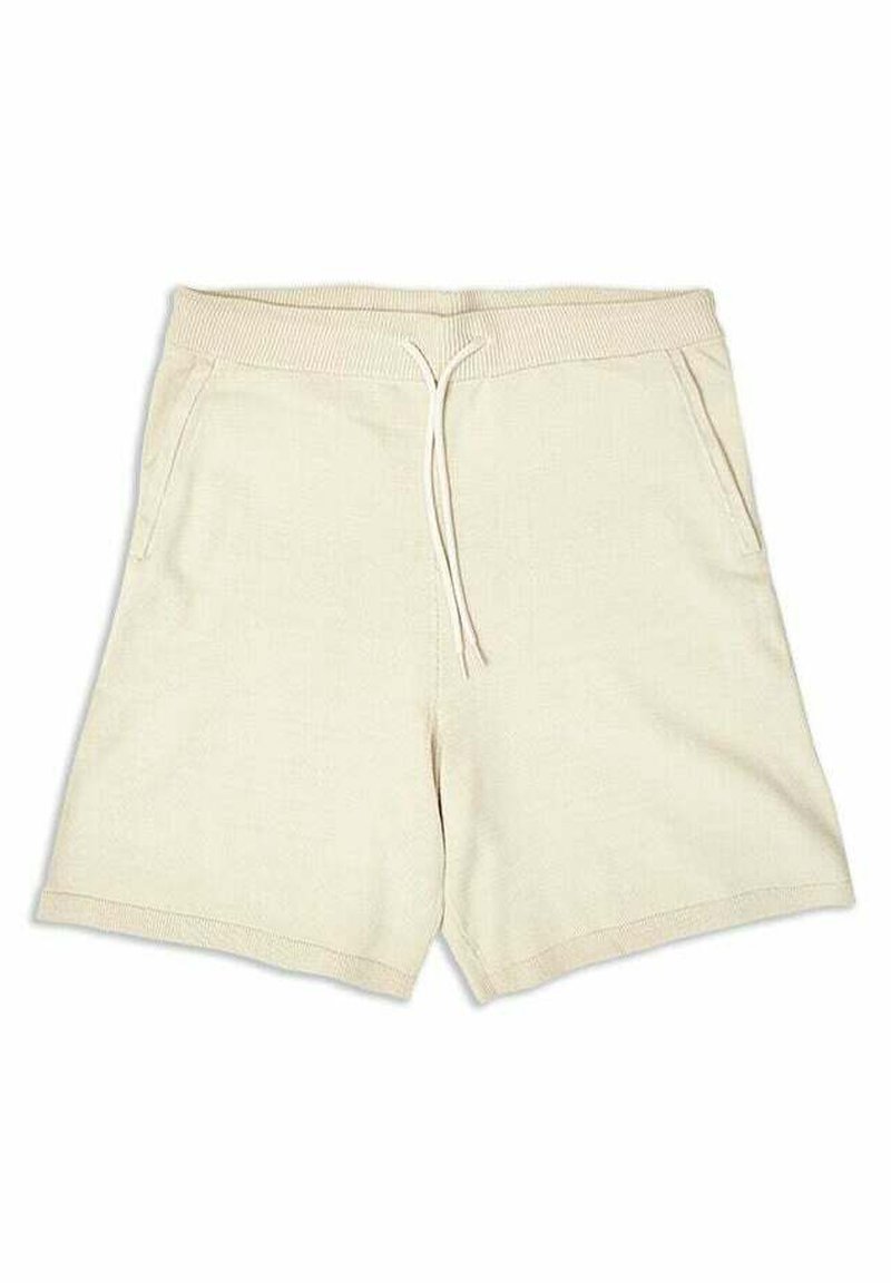 Pantalones cortos de algodón beige con una cinturilla acanalada y cordón, que cuentan con dos bolsillos laterales y una textura suave y lisa.
