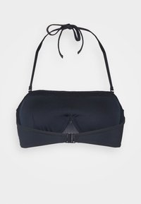 Top de biquíni preto com laços ajustáveis, material suave, design sem emendas, e fecho de gancho nas costas. Textura lisa em toda a parte.