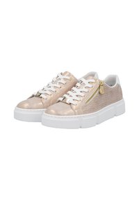 Metallic rosa Sneaker mit weißen Schnürsenkeln, seitlichem Reißverschluss und strukturiertem Logo-Muster sowie einer voluminösen weißen Sohle.