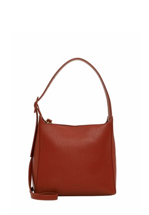 Bolso de cuero marrón con un asa superior única y correas de hombro desmontables, que presenta un diseño minimalista y herrajes en tono dorado.