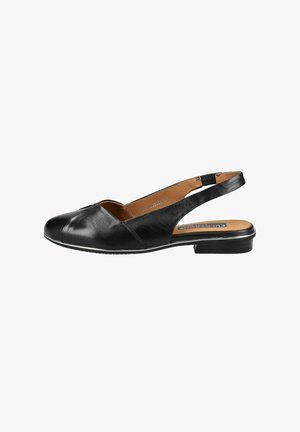 Scarpa slingback in pelle nera con punta rotonda, design minimalista, tacco basso e soletta color miele. Presenta una texture liscia e dettagli di cucitura discreti.