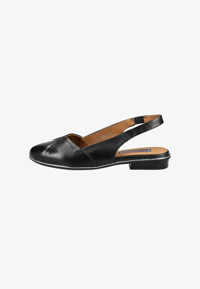 Czarne skórzane buty slingback z okrągłym noskiem, minimalistycznym stylem, niskim obcasem i jasnobrązową wkładką. Charakteryzują się gładką fakturą i subtelnymi detalami przeszyć.