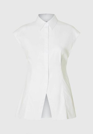 Weiße kurzärmlige Bluse mit einem klassischen Kragen, gerader Schnitt und einer mittigen Schlitzöffnung an der Vorderseite. Glattes Baumwollmaterial.
