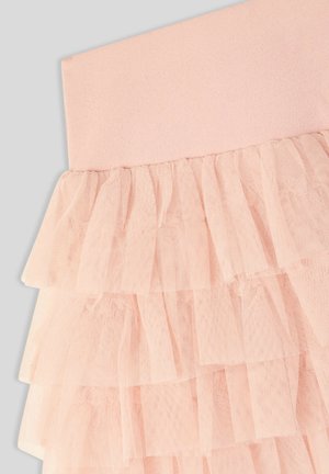 Gonna in tulle rosa con volant a strati, dotata di una fascia in satin liscia. La texture morbida e il materiale leggero e trasparente conferiscono un aspetto fluido.