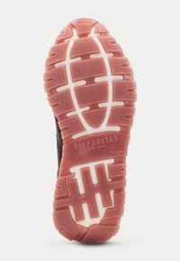 Contoured running shoe sole features a textured dark black surface with a pink rubber tread, including various grip patterns and branding details.