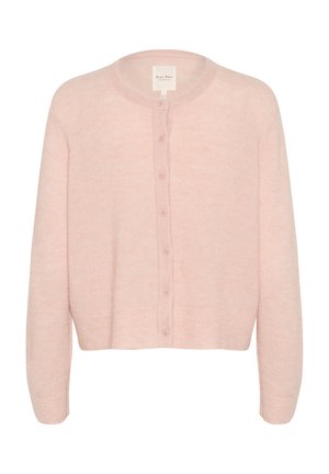 Hellrosa Strickjacke aus weichem Stoff, mit rundem Ausschnitt, langen Ärmeln und einer durchgehenden Knopfleiste auf der Vorderseite.