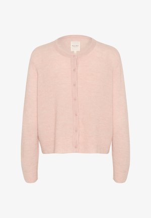 Hele roosa kardigan pehmest kangast, millel on ümmargune kaelus, pikad varrukad ja täispikk nööpide kinnitatud esiosa.