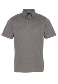 Polo gris à manches courtes avec un col, doté de trois boutons et d'un logo sur la poitrine. Fabriqué en tissu texturé.