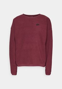 Sudadera de forro polar color granate con superficie texturizada, mangas largas, cuello redondo y un logo de Nike negro en el pecho.