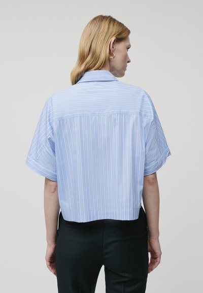 Camicia azzurra chiara a maniche corte con strisce verticali, dotata di colletto a punta e vestibilità rilassata, progettata con un orlo posteriore corto.