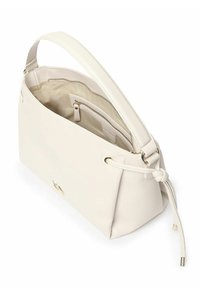 Witte leren handtas met een gestructureerde vorm, bovenhandgreep, een binnenzak met rits en decoratieve trekkoordaccenten. Gladde textuur en gouden hardware.