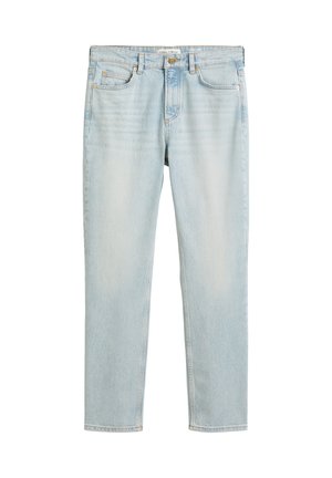 Light blue denim jeans with a straight fit, featuring classic five-pocket design, subtle fading, and reinforced stitching along the seams.