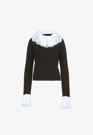 Pulover tricotat de culoare maro, cu un guler mare din dantelă albă și mansete înclinate cu dantelă. Designul este adaptat cu o croială dreaptă.