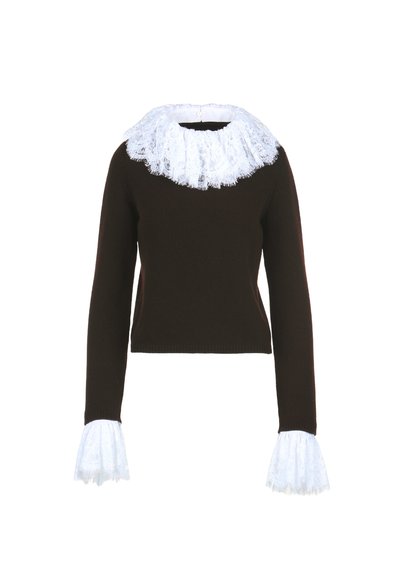 Pull en maille brun avec un grand col en dentelle blanche et des manches à cloche bordées de dentelle. La coupe est ajustée et droite.