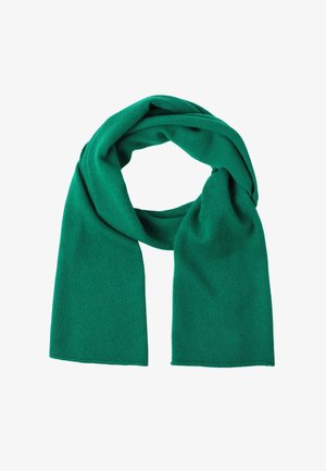 Grüner Strickschal aus weichem Material, mit einem schlichten Design ohne Muster, gefaltet und drapiert, mit sauberen Kanten.