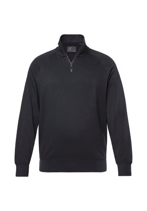 Sort sweatshirt med kvart-lukket krave, lavet af blødt stof. Har raglanærmer og et diskret præget logo på brystet.