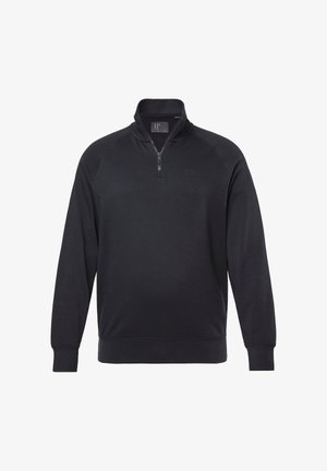 Sort sweatshirt med kvart-lukket krave, lavet af blødt stof. Har raglanærmer og et diskret præget logo på brystet.