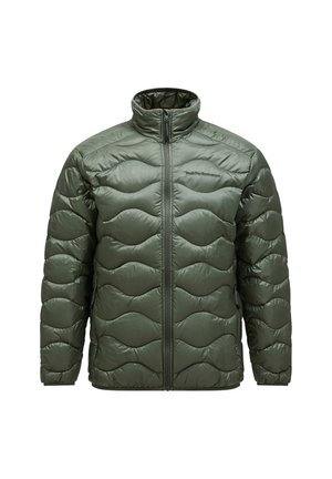 Green puffer jacket featuring a zip front, high collar, and quilted wave pattern. Made of shiny, lightweight material with side pockets.