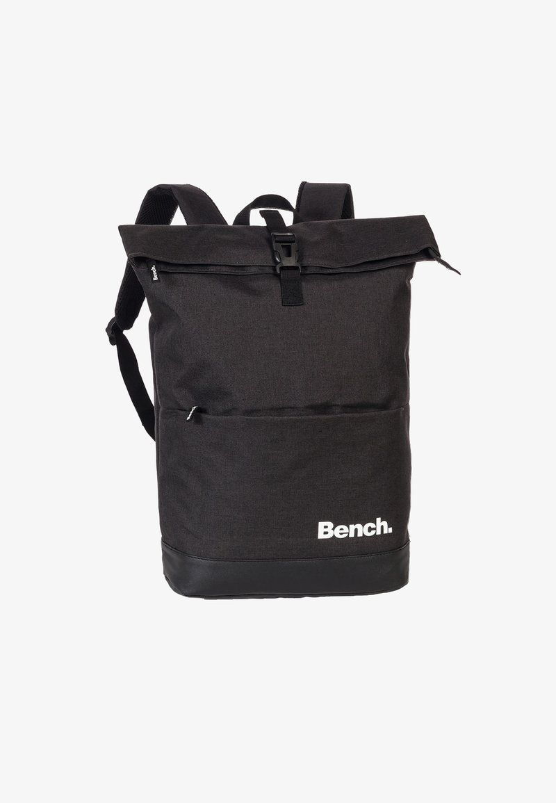 Black fabric backpack with a roll-top design, featuring a plastic buckle closure, a front pocket, and a rubberized bottom panel.