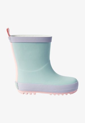 Botte de pluie en caoutchouc bleu clair avec un revers lilas, une bande verticale rose, une semelle texturée et une languette arrière pour faciliter l'enfilage.