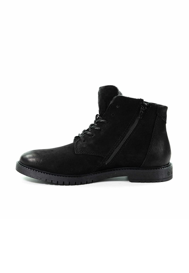 Bottines noires en cuir avec une finition texturée, lacets à l'avant, fermeture éclair sur le côté et semelle en caoutchouc plate.