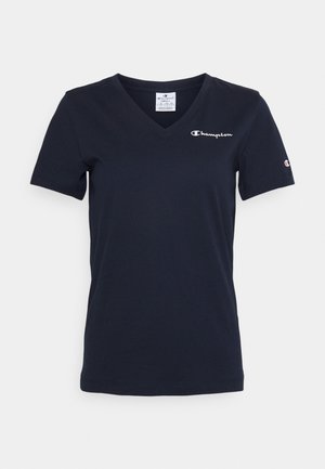 Marineblauw Champion T-shirt met korte mouwen en V-hals, wit logo op de borst en een klein logo op de linker mouw, maat small.