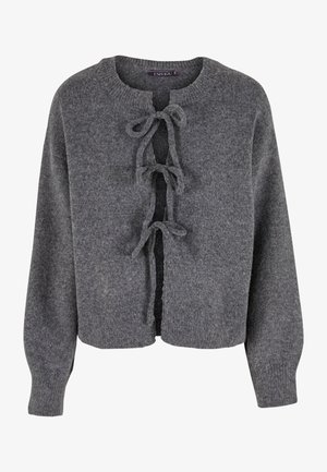Gray knitted cardigan with a round neckline, tie closures at the front, and long sleeves. Soft texture with a cropped fit.