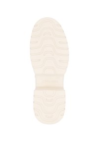 Semelle en caoutchouc blanc avec un motif de texture, comprenant une empreinte de logo au centre et diverses rainures pour l'adhérence.