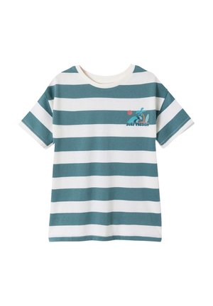 Short-sleeve t-shirt with wide horizontal teal and white stripes and a small "Surf Passion" logo with waves and sun on the chest.