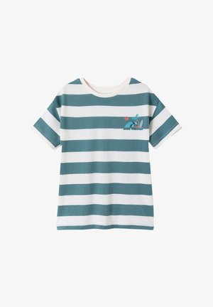 Short-sleeve t-shirt with wide horizontal teal and white stripes and a small "Surf Passion" logo with waves and sun on the chest.