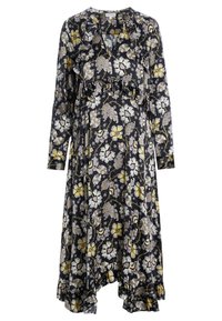 Dlouhé černé květinové šaty s žlutými a bílými vzory, se lodičkovým výstřihem, dlouhými rukávy a volánkovým lemem. Vyrobené z lehkého materiálu.